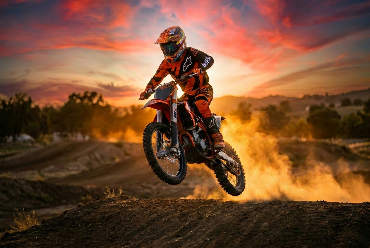 BURST Alpha helmet on a motocross rider mid-jump at sunset