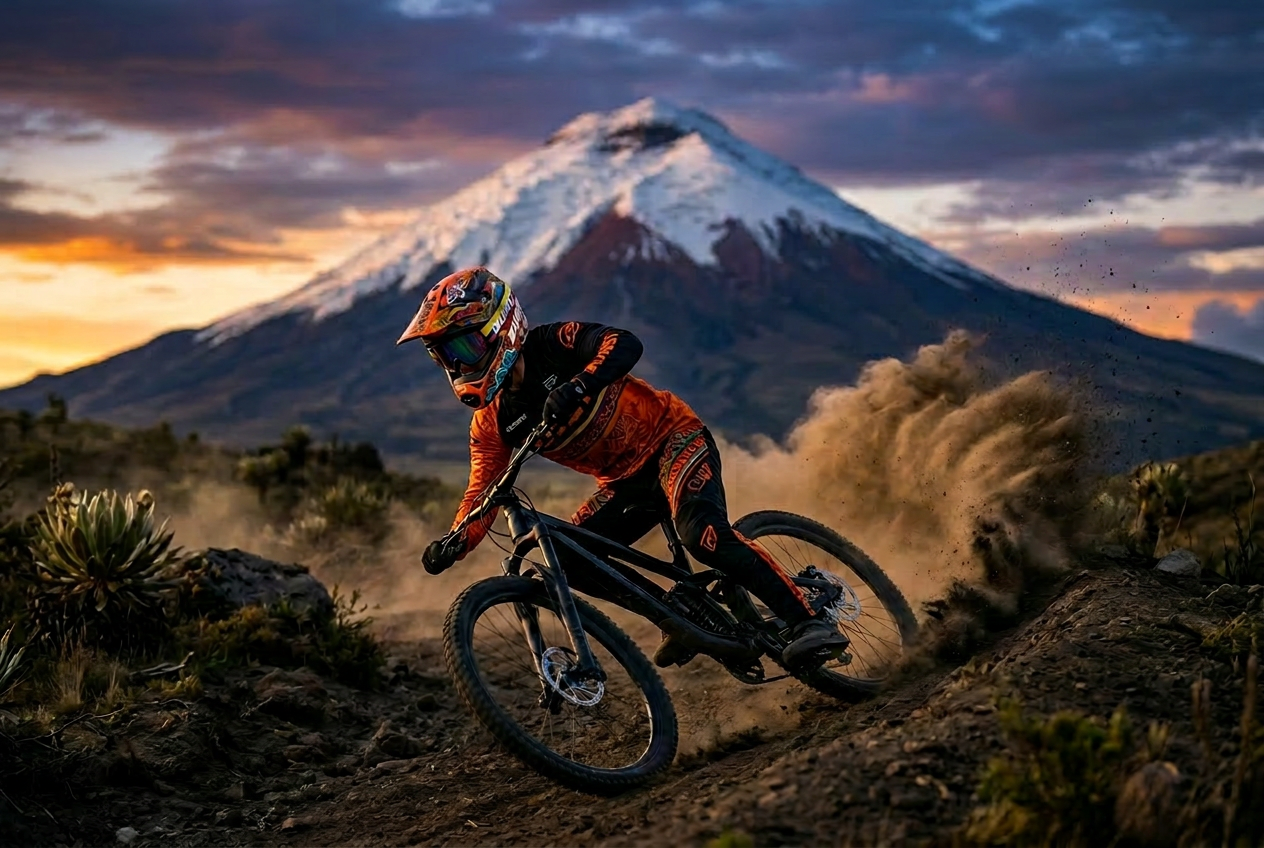 BURST Alpha helmet on a downhill mountain biker on a volcanic trail